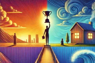 DALL·E 2025 01 27 07.43.22 An artistic illustration symbolizing the modern paradox of human needs. On one side a person stands on a pedestal holding a glowing trophy symbolizi