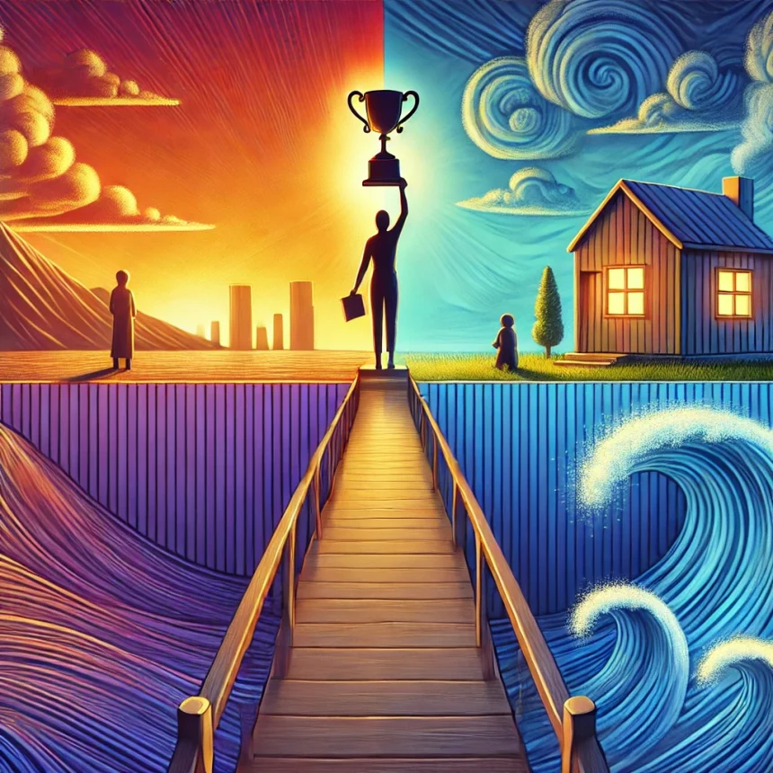 DALL·E 2025 01 27 07.43.22 An artistic illustration symbolizing the modern paradox of human needs. On one side a person stands on a pedestal holding a glowing trophy symbolizi
