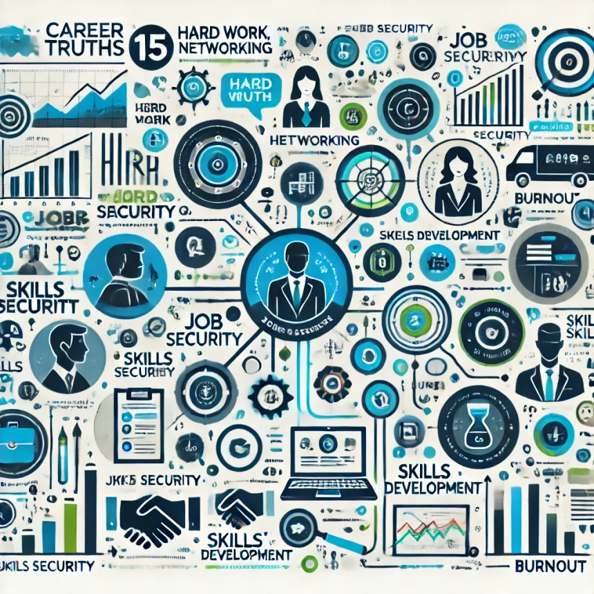 DALL·E 2025 01 27 14.43.13 A modern eye catching infographic style illustration featuring 15 career truths visually represented with professional icons. Each truth is symbolize