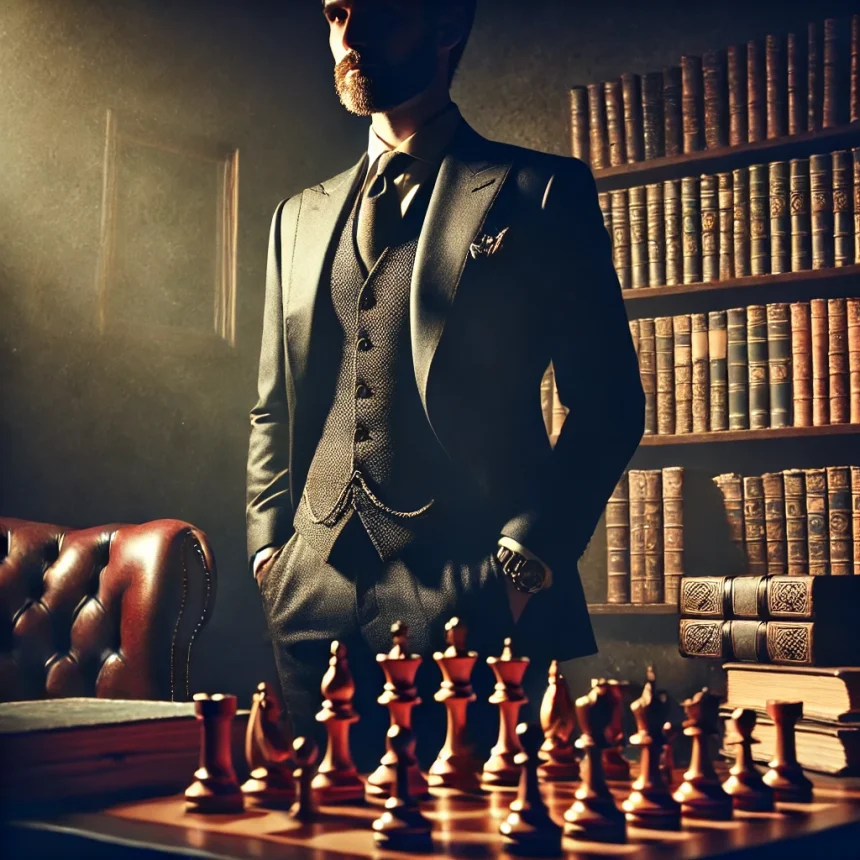 DALL·E 2025 01 30 16.24.41 A powerful and mysterious figure standing in a dimly lit study surrounded by ancient books and strategic chess pieces. The atmosphere exudes intellig