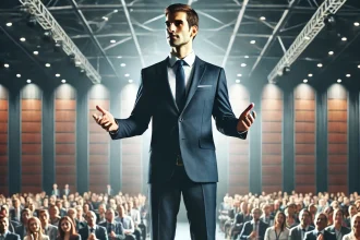DALL·E 2025 02 03 14.22.18 A professional speaker standing confidently on a stage delivering a powerful speech. The speaker maintains strong eye contact with the audience uses