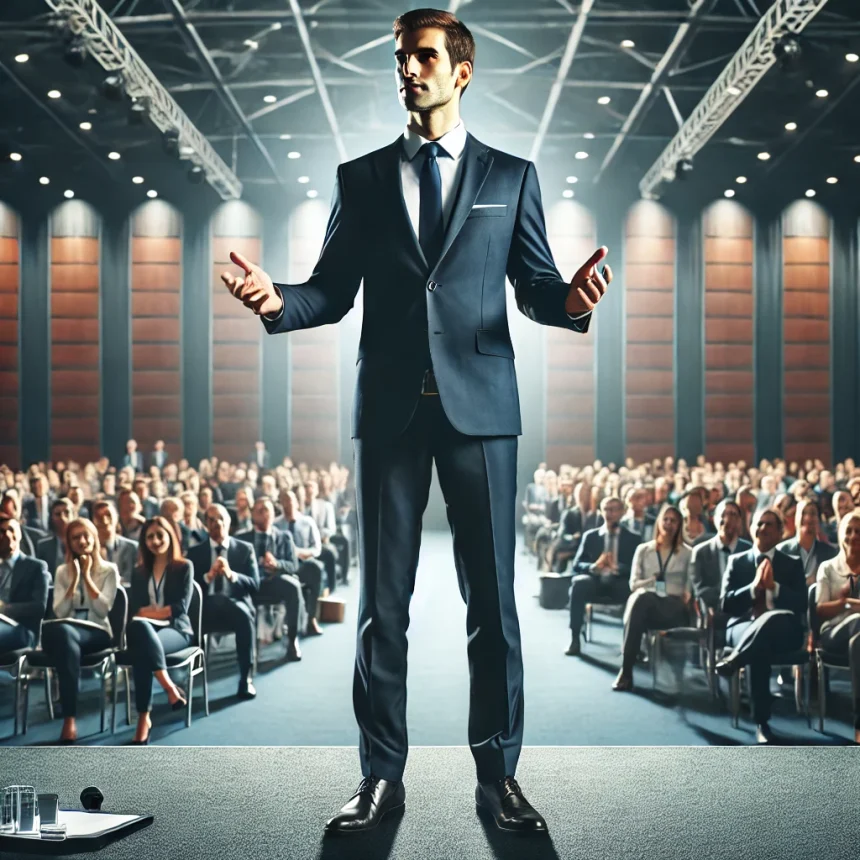 DALL·E 2025 02 03 14.22.18 A professional speaker standing confidently on a stage delivering a powerful speech. The speaker maintains strong eye contact with the audience uses