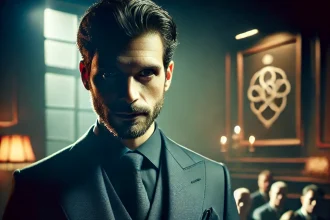 DALL·E 2025 02 04 13.26.21 A mysterious and intense figure in a dark suit standing in a dimly lit room speaking confidently to an intrigued audience. The atmosphere is enigmat