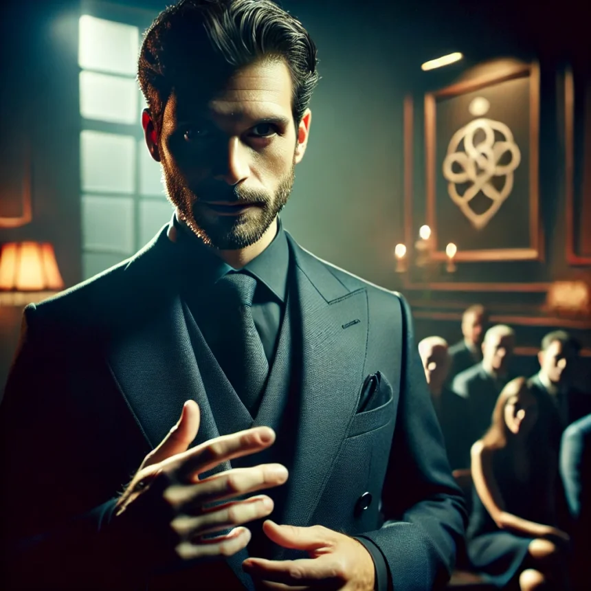 DALL·E 2025 02 04 13.26.21 A mysterious and intense figure in a dark suit standing in a dimly lit room speaking confidently to an intrigued audience. The atmosphere is enigmat