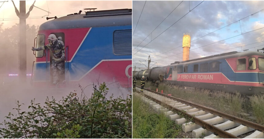incendiu la locomotiva unui tren cu 36 de vagoane care transporta titei au intervenit pompierii din prahova 683a2273c9956